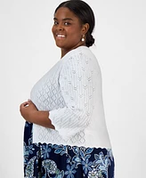 Robbie Bee Plus Pointelle Knit 3/4-Sleeve Open-Front Shrug
