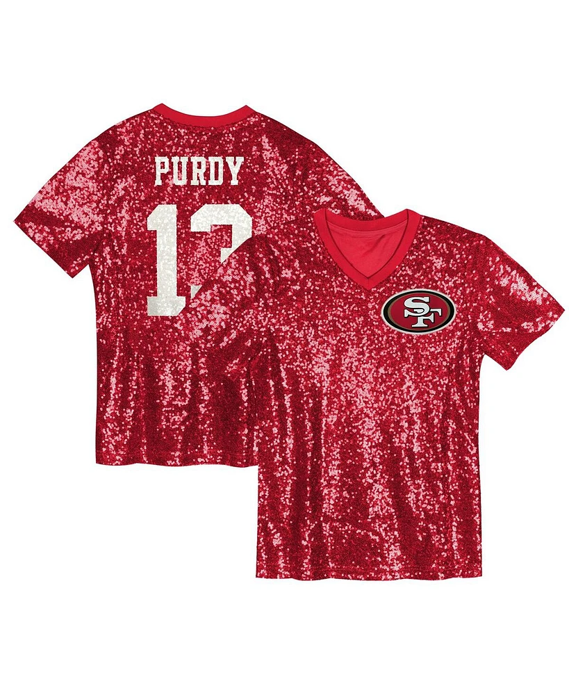 Outerstuff Big Girls Brock Purdy Scarlet San Francisco 49ers Sequin V-Neck Fashion Jersey