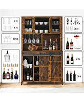 gaomon 70" Farmhouse Bar Wine Cabinet with Sliding Barn Doors, Coffee Liquor Cabinets with Storage Shelves and Glasses Rack for Kitchen