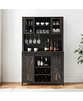 gaomon 70" Farmhouse Bar Wine Cabinet with Sliding Barn Doors, Coffee Liquor Cabinets with Storage Shelves and Glasses Rack for Kitchen