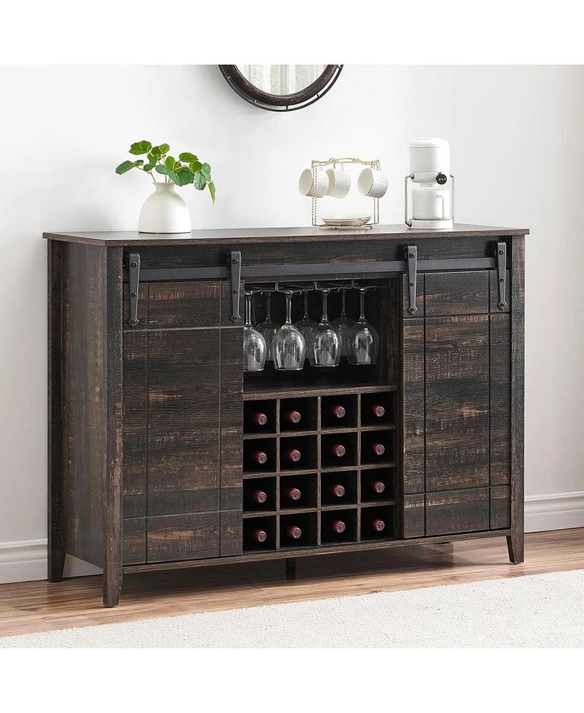 gaomon Farmhouse Wine Bar Cabinet with Sliding Barn Door, 47" Kitchen Coffee Bar Cabinet with Wine & Glass Rack, Storage Shelves