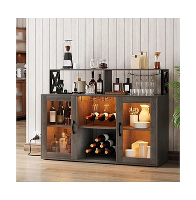 gaomon Farmhouse Wine Bar Cabinet with Led Light,Tempered Glass Doors, Power Outlet,Wine and Goblet Holder,Liquor Storage Cabinet for Dining Room, Liv