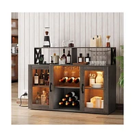 gaomon Farmhouse Wine Bar Cabinet with Led Light,Tempered Glass Doors, Power Outlet,Wine and Goblet Holder,Liquor Storage Cabinet for Dining Room