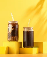 JoyJolt Fluted Glass Tumblers with Bamboo Lids and Straws, Set of 4