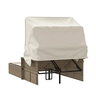 vidaXL Double Sun Lounger with Canopy and Cushions Beige Poly Rattan