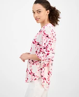 Ak Anne Klein Petite Floral-Print V-Neck Roll-Tab Tunic