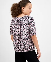 Ak Anne Klein Petite Elbow-Sleeve Keyhole-Cutout Floral-Print Top