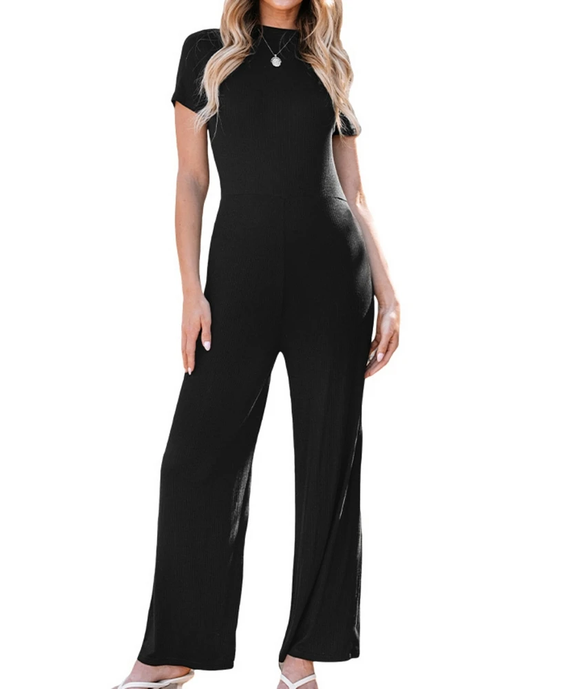 Cupshe Women's Black Front Zipper Short Sleeve Straight Leg Jumpsuit