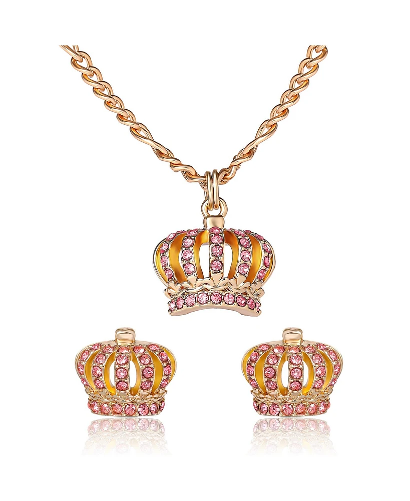 Juicy Couture Crown Pendant Necklace & Stud Earrings Set - Pink Crystal Embellished