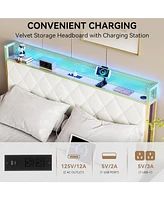 gaomon King Bed Frame with Velvet Storage Headboard, Heavy Duty Steel Slats Support Metal Platform Bed Frame w/Charging Station & Led