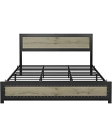 gaomon Queen Size Bed Frame with Headboard, Industrial Platform Bed Frame with Charging Station, No Box Spring Required, Easy to Assemble