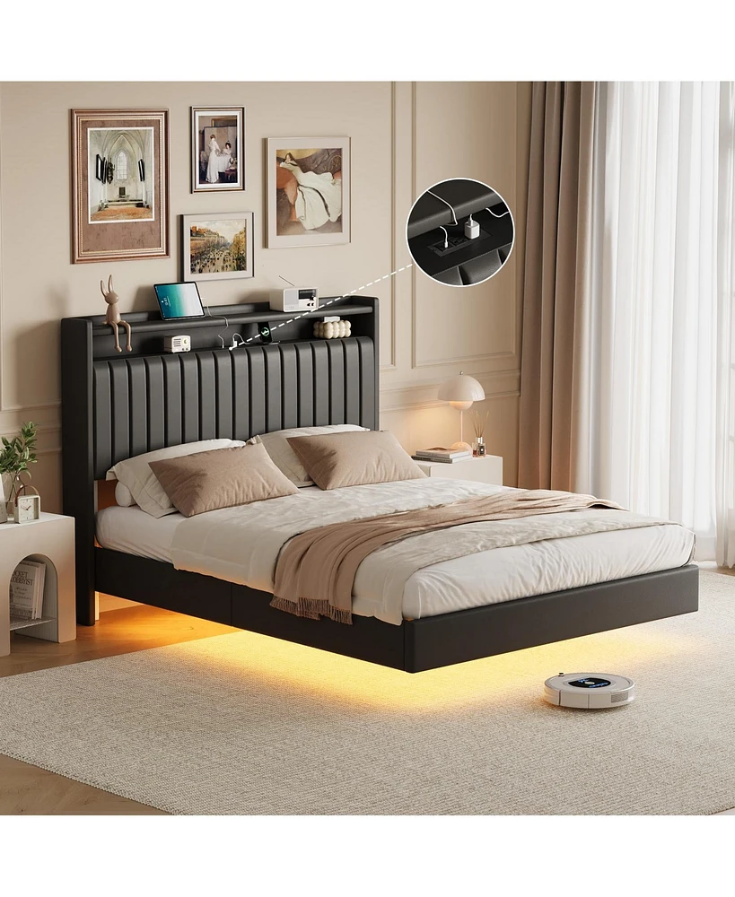 gaomon Full Size Floating Bed Frame with Rgb Led Lights & Charging Station