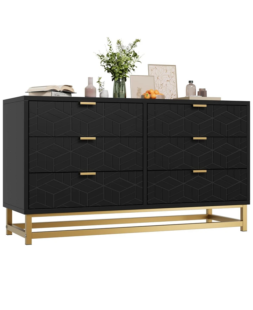 gaomon 6 Drawer Dresser with Metal Legs, Modern Dresser Chest Organizer with Wide Storage, Wood Chest of Drawers for Bedroom, Living Room, Entryway