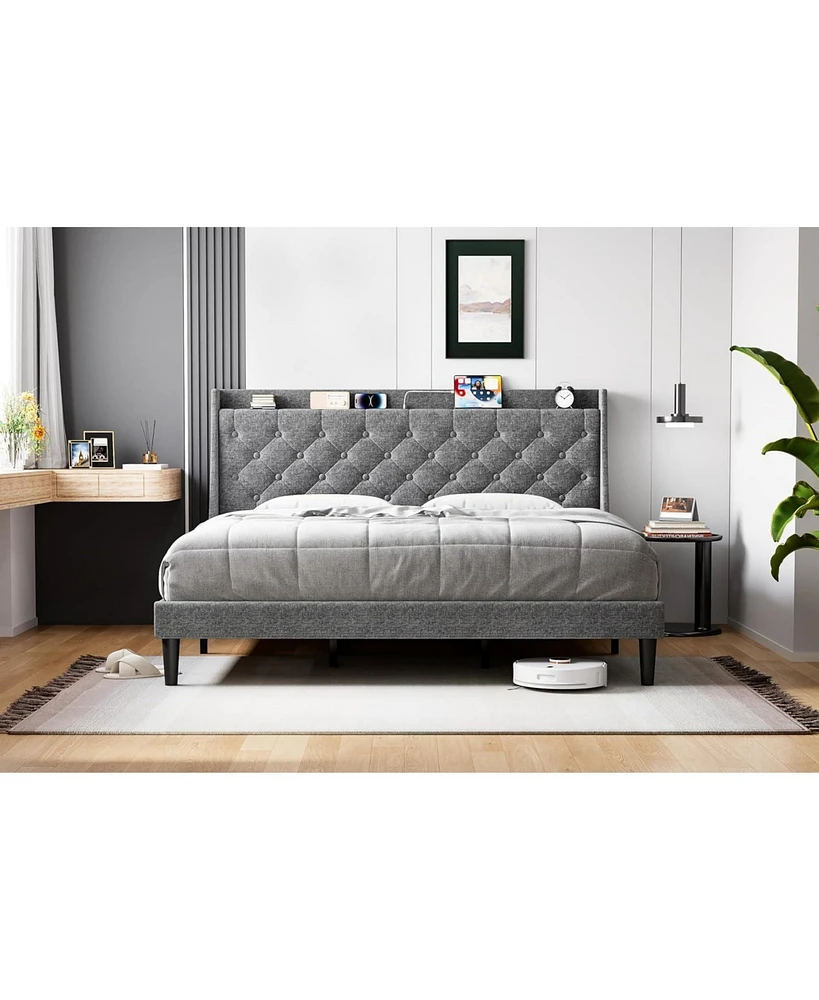 gaomon Upholstered Bed Frame - Full Size, Usb Ports, Wingback Headboard, Storage Shelf, and Charging Station