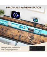 gaomon Full Size Headboard, Headboard with 2 Outlets, Led Lights and Usb Ports, Adjustable Height, Storage Rack, Sturdy and Stable, Easy Assembly, Rus