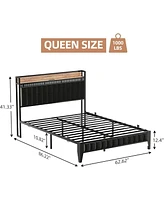 gaomon Bed Frame with Led Light and Charging Station, Upholstered Platform Bed with Storage Headboard, Metal Slat, Noise Free