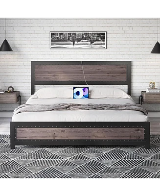 gaomon King Size Bed Frame with Headboard, Industrial Platform Bed Frame with Charging Station, No Box Spring Required, Easy to Assemble