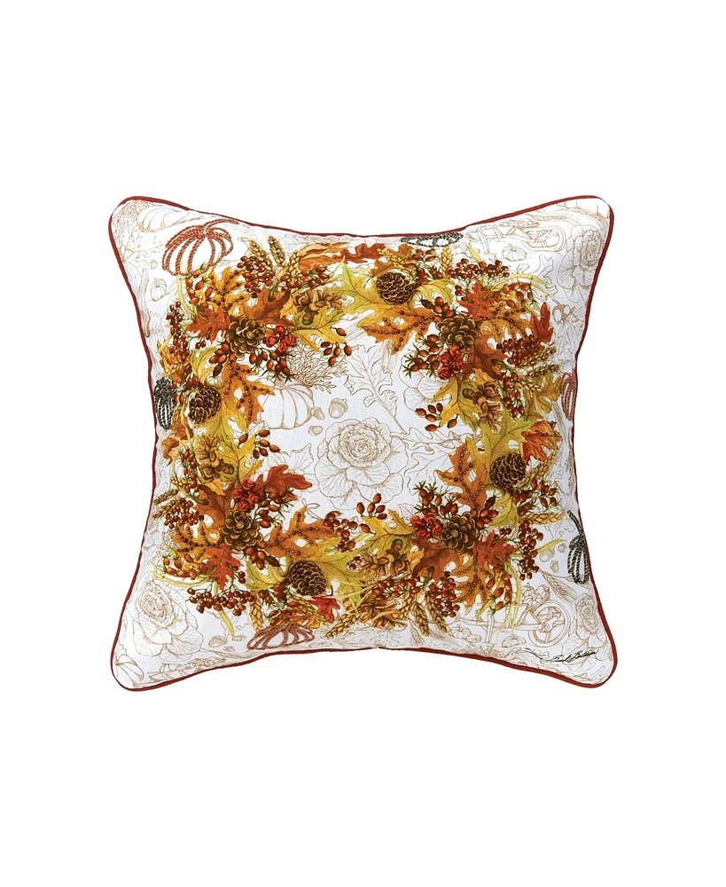 Autumn Wreath Thanksgiving Printed and Embroidered Throw Pillow