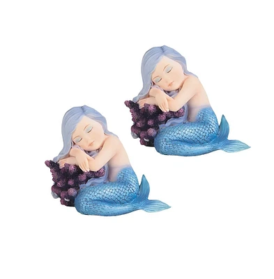 Fc Design "2-pc Set" 3.75"W Blue Tailed Baby Mermaid Sleeping on Coral Mergirl Figurine Statue Ornament Home Room Office Decor and Perfect Ideas for H