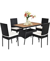 Costway 5 Pcs Patio Rattan Furniture Set Wood Top Table Cushioned Chairs Garden Yard Deck