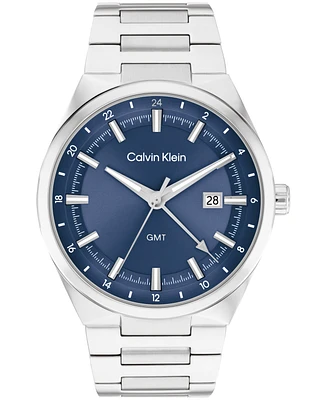 Calvin Klein Men's Distinguish Gmt Silver Tone Stainless Steel Bracelet Watch, 44mm