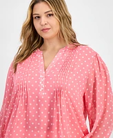 Tommy Hilfiger Plus Dot Print Pintuck 3/4-Sleeve Top
