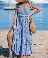 Cupshe Women's Indigo Blooms Plunge Neck Maxi Beach Dress