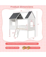 Gouun Twin Size Kids House Bed Low Loft Bed Frame with Roof