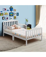Classic Toddler Bed Frame with Two Side Safety Guardrails, Wooden Design