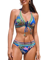 Cupshe Women's Paisley Halter Front Tie Bikini Top & Standard Bottoms Set