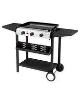 Slickblue 3-Burner Flat Top Gas Griddle Cooking Station with Ceramic Coated Cast Iron Pan