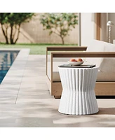 LuxenHome White with Gray Fluted Hourglass-Shape Round MgO Side Table, Indoors and Outdoors