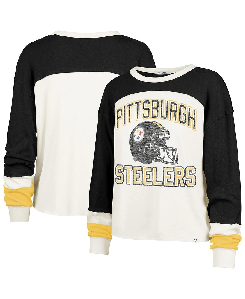 '47 Brand Women's Cream Pittsburgh Steelers Double Header Curve Toni Long Sleeve T-Shirt