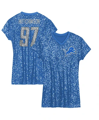 Outerstuff Big Girls Aidan Hutchinson Blue Detroit Lions Sequin Player Name Number V-Neck Dress