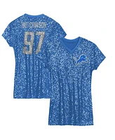 Outerstuff Big Girls Aidan Hutchinson Blue Detroit Lions Sequin Player Name Number V-Neck Dress