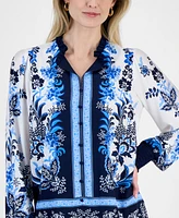 T Tahari Women's Printed Blouson-Sleeve Blouse