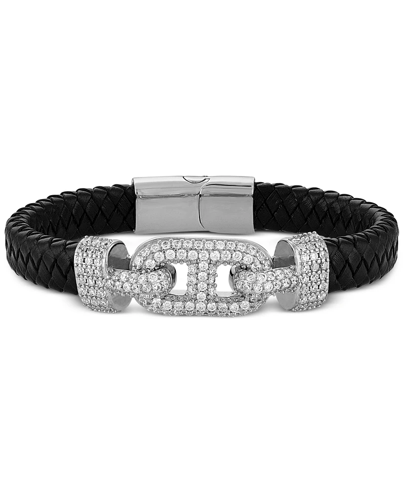 Esquire Men's Jewelry Cubic Zirconia & Braided Black Leather Bracelet in Sterling Silver, Exclusively at Macy's