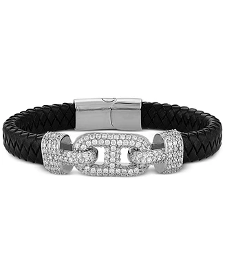 Esquire Men's Jewelry Cubic Zirconia & Braided Black Leather Bracelet in Sterling Silver, Exclusively at Macy's