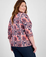Style & Co Plus Printed Pima Cotton 3/4-Sleeve Top, Exclusively at Macy's