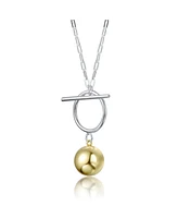 Sterling Silver Two-Tone with White Gold Plated Chain and 14K Gold Plated Sphere Pendant Modern Toggle Necklace