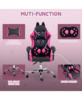 Dyhome Cute Gaming Chair with Cat Paw Lumbar Cushion and Ears, Ergonomic Computer Chair,Reclining Pc Game for Girl