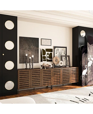 Farmhouse Sideboard Buffet Storage Cabinet with Strip Skeleton Door and Adjustable shelves, for living room dining room kitchen