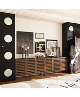 Farmhouse Sideboard Buffet Storage Cabinet with Strip Skeleton Door and Adjustable shelves, for living room dining room kitchen