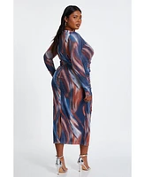 Quiz Plus Mesh Marble Round Neck Long Sleeve Maxi Dress