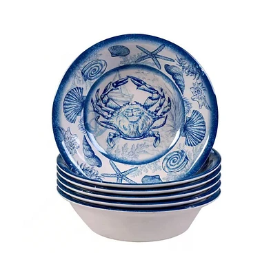 Slickblue 6-Piece Dinner Bowl Set with Ocean Sea Shells, Crab, and Starfish Pattern for Coastal Dining