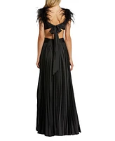 Mac Duggal Women's Pleated Feather Cap Sleeve Open Back Gown