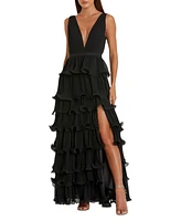 Mac Duggal Women's Sleeveless Ruffle Tiered V Neck Gown