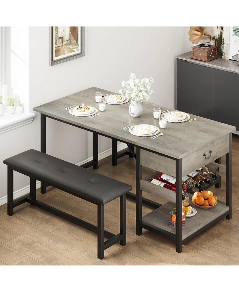 gaomon Dining Table Set for 4, Retro Dining Room Table with Benchs，3 Piece Kitchen Table Set by Metal Frame and Mdf