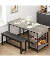 gaomon Dining Table Set for 4, Retro Dining Room Table with Benchs，3 Piece Kitchen Table Set by Metal Frame and Mdf