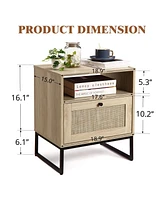 gaomon Bedside, Nightstand with Rattan Accent Drawers, Mid-Century Modern End Wood Side, Decorative Table for Bedroom, Living Room, Oak/Natural